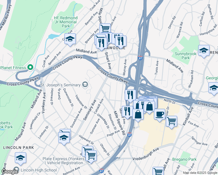 map of restaurants, bars, coffee shops, grocery stores, and more near 720 Mile Square Road in Yonkers