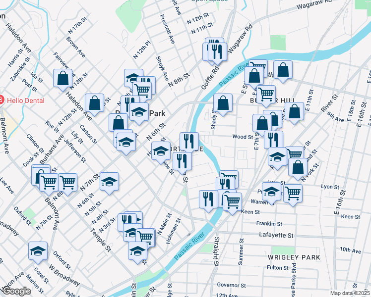 map of restaurants, bars, coffee shops, grocery stores, and more near 156 East Main Street in Paterson