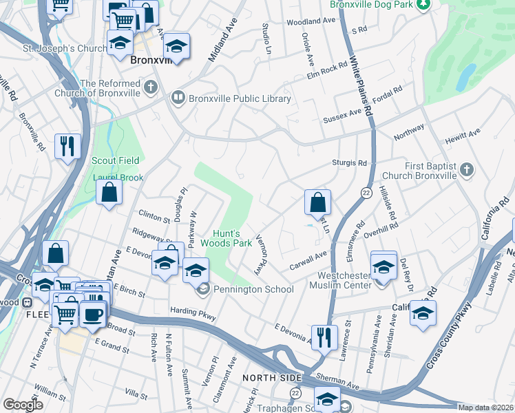map of restaurants, bars, coffee shops, grocery stores, and more near 220 Central Parkway in Mount Vernon