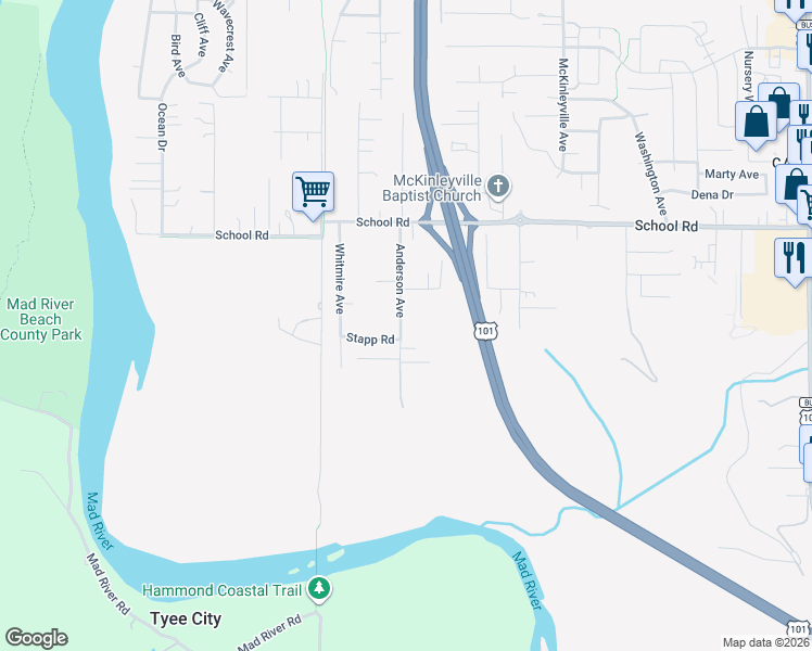 map of restaurants, bars, coffee shops, grocery stores, and more near 894 Stapp Rd in Humboldt
