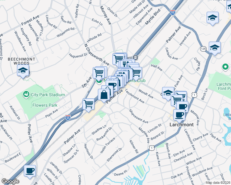 map of restaurants, bars, coffee shops, grocery stores, and more near 10 Parkway Street in Larchmont