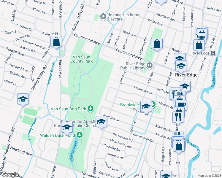 map of restaurants, bars, coffee shops, grocery stores, and more near 566 Monroe Court in River Edge