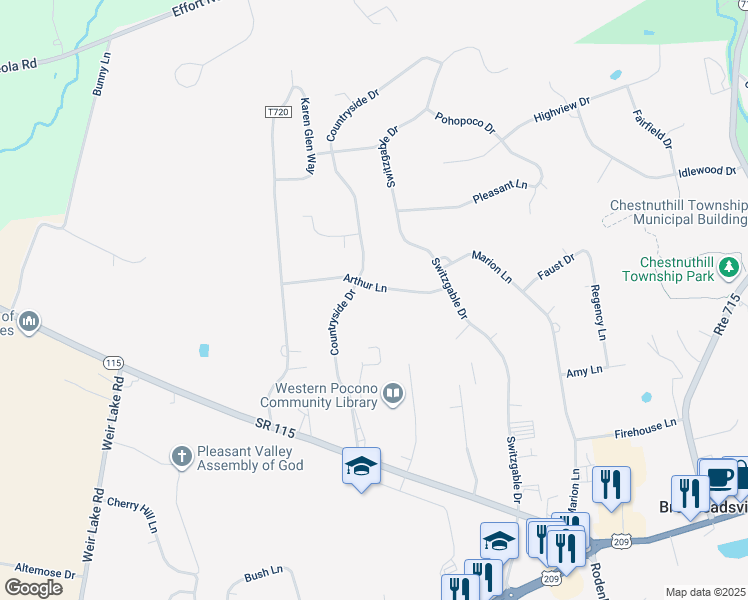 map of restaurants, bars, coffee shops, grocery stores, and more near 148 Arthur Lane in Brodheadsville