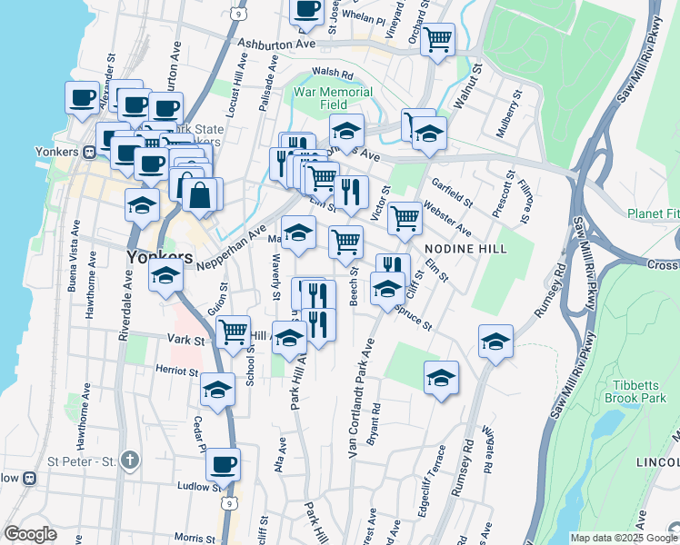 map of restaurants, bars, coffee shops, grocery stores, and more near 75 Maple Street in Yonkers
