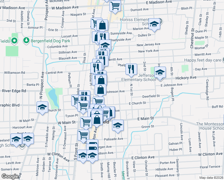 map of restaurants, bars, coffee shops, grocery stores, and more near 48 Hickory Avenue in Bergenfield