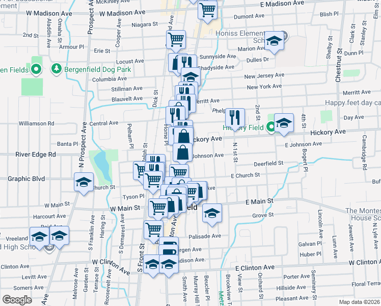 map of restaurants, bars, coffee shops, grocery stores, and more near 16 Hickory Avenue in Bergenfield