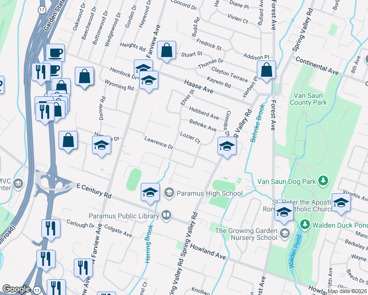 map of restaurants, bars, coffee shops, grocery stores, and more near 176 Lozier Court in Paramus