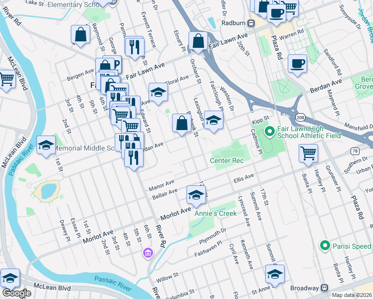 map of restaurants, bars, coffee shops, grocery stores, and more near 11-15 12th Street in Fair Lawn
