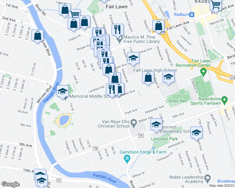 map of restaurants, bars, coffee shops, grocery stores, and more near 12-23 River Road in Fair Lawn