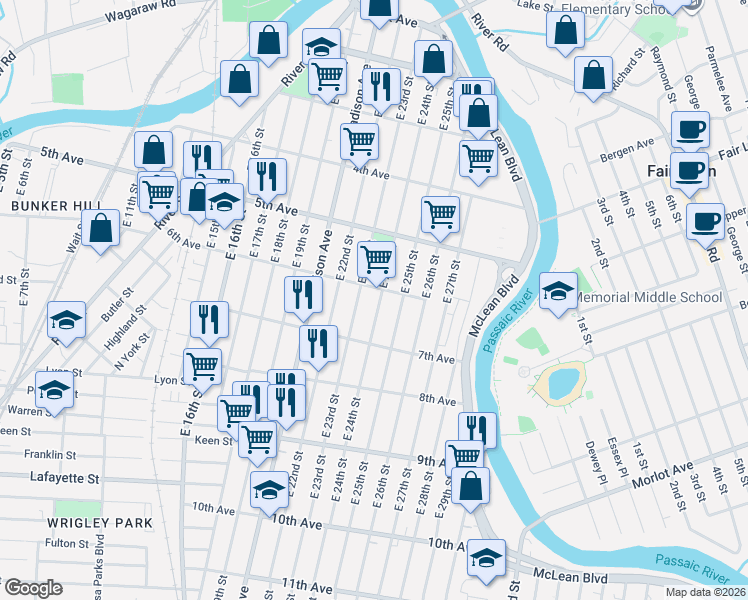 map of restaurants, bars, coffee shops, grocery stores, and more near 235 East 24th Street in Paterson