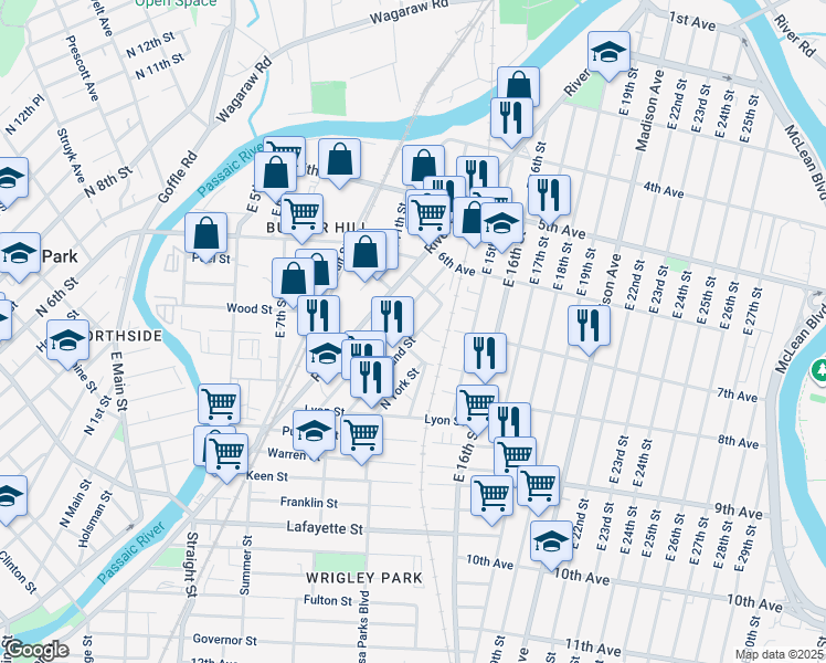 map of restaurants, bars, coffee shops, grocery stores, and more near 77 Butler Street in Paterson