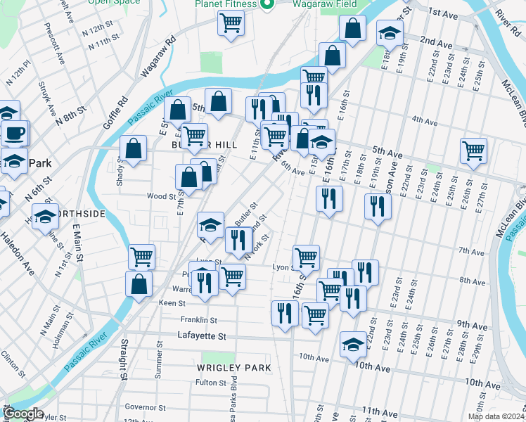 map of restaurants, bars, coffee shops, grocery stores, and more near 77 Butler Street in Paterson