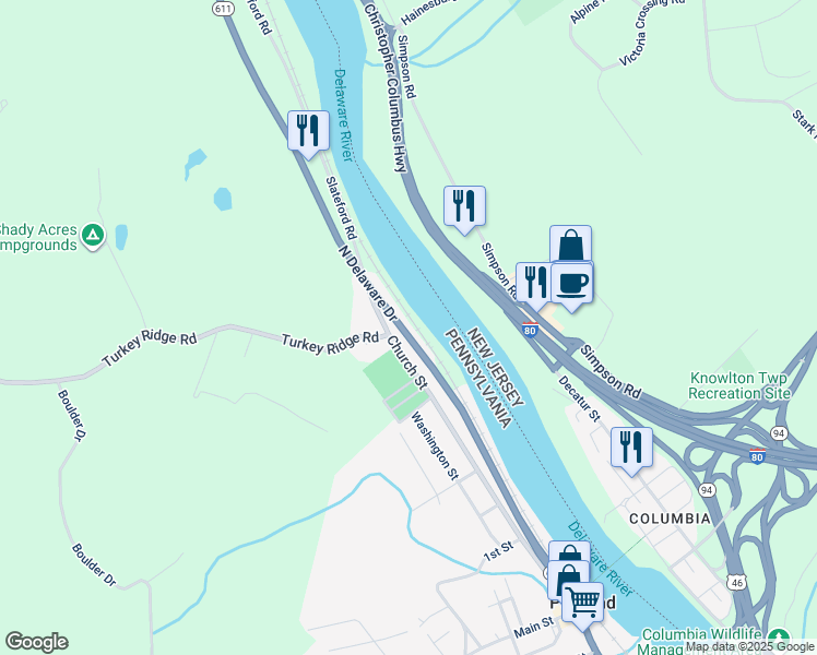 map of restaurants, bars, coffee shops, grocery stores, and more near 4097 North Delaware Drive in Mount Bethel