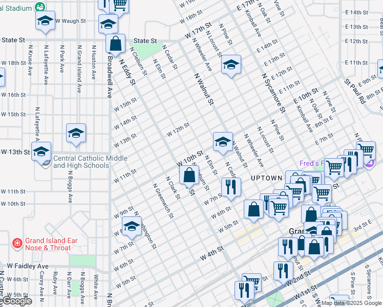 map of restaurants, bars, coffee shops, grocery stores, and more near 619 West 11th Street in Grand Island