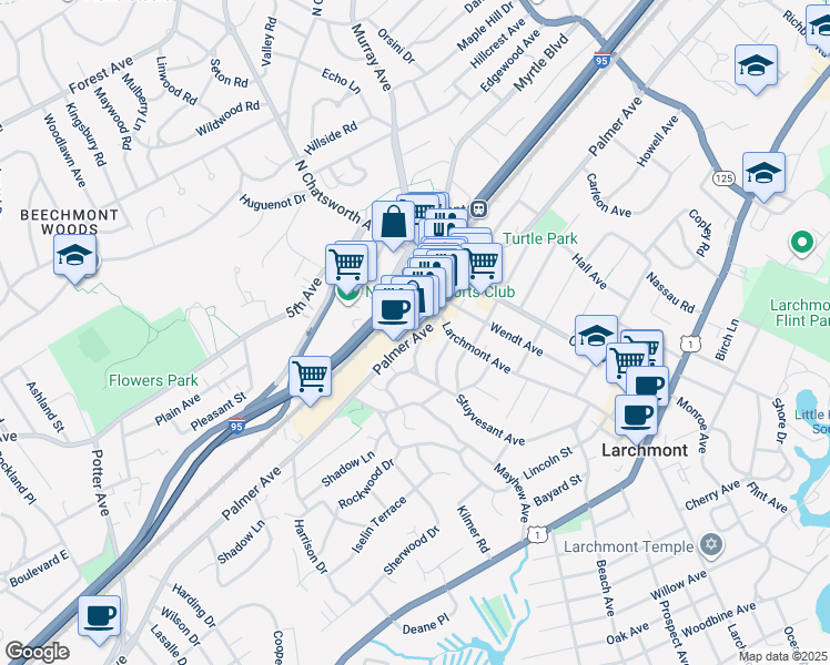 map of restaurants, bars, coffee shops, grocery stores, and more near 1963 Palmer Avenue in Larchmont