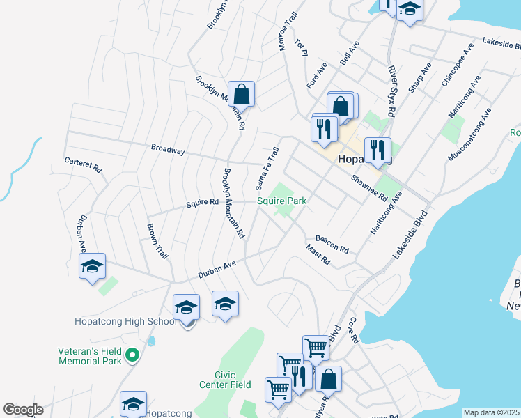 map of restaurants, bars, coffee shops, grocery stores, and more near 204 Santa Fe Trail in Hopatcong