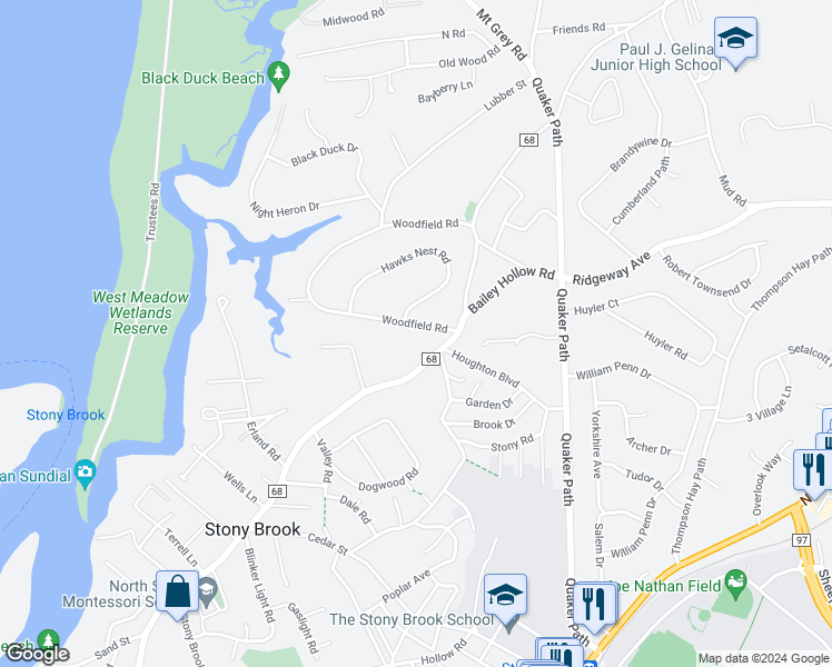 map of restaurants, bars, coffee shops, grocery stores, and more near 10 Woodfield Road in Stony Brook