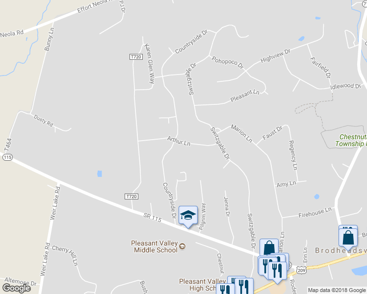 map of restaurants, bars, coffee shops, grocery stores, and more near 148 Arthur Lane in Brodheadsville