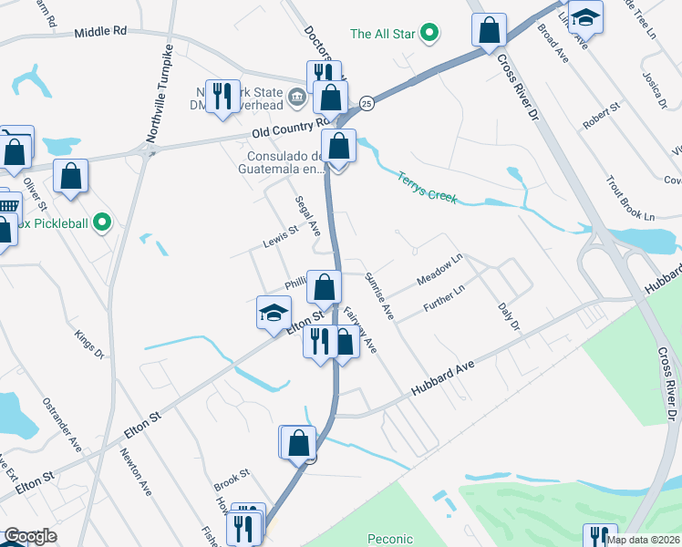map of restaurants, bars, coffee shops, grocery stores, and more near 23 Sunrise Avenue in Riverhead