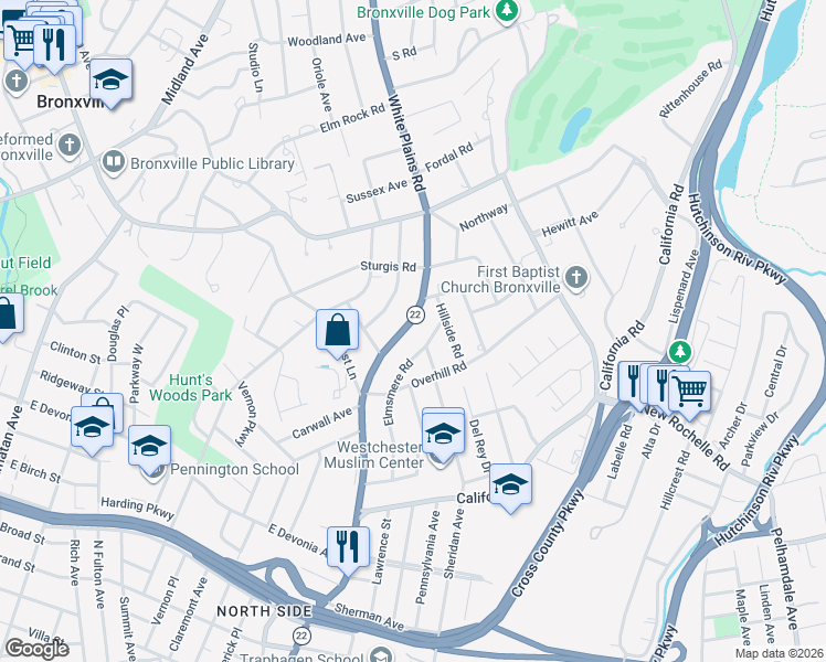 map of restaurants, bars, coffee shops, grocery stores, and more near 8 Sunnybrae Place in Bronxville