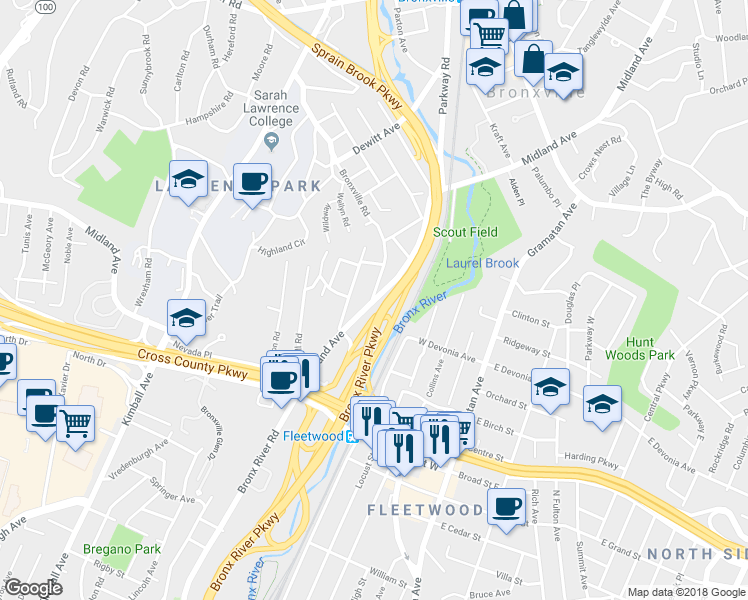 map of restaurants, bars, coffee shops, grocery stores, and more near 11 Bronxville Road in Yonkers