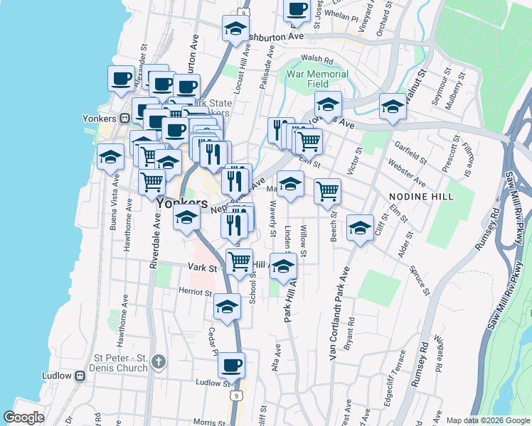 map of restaurants, bars, coffee shops, grocery stores, and more near 16 School Street in Yonkers