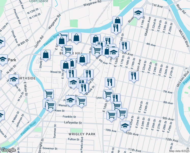 map of restaurants, bars, coffee shops, grocery stores, and more near 77 Butler Street in Paterson