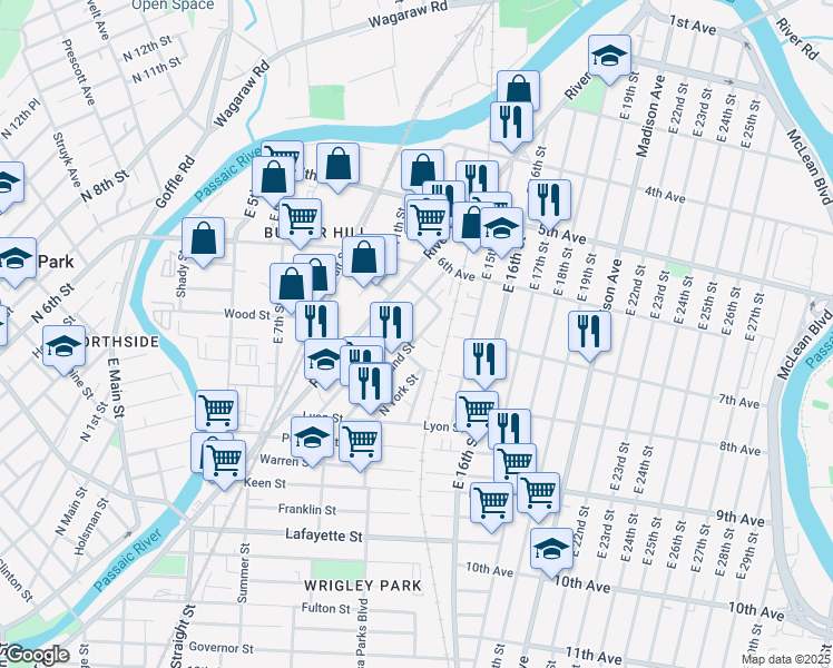 map of restaurants, bars, coffee shops, grocery stores, and more near 77 Butler Street in Paterson