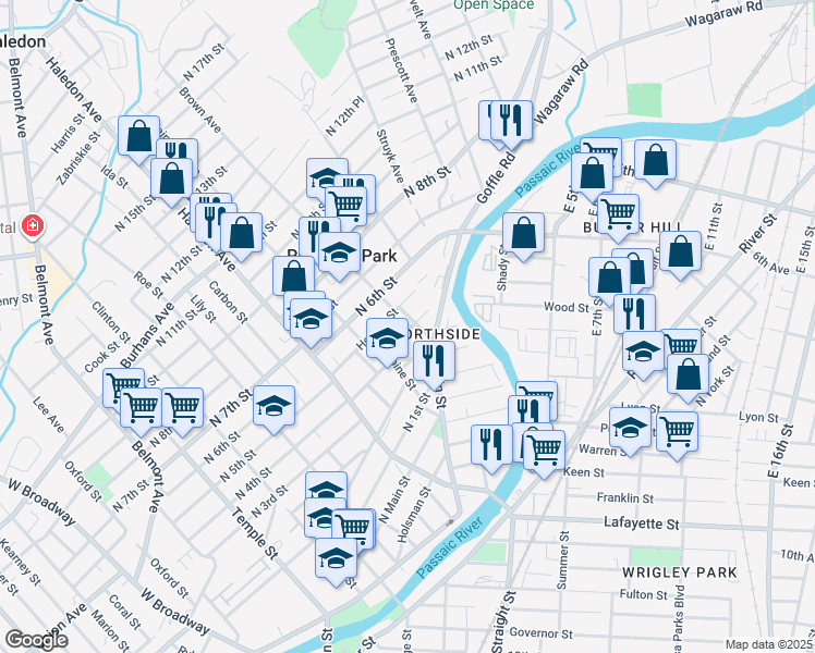 map of restaurants, bars, coffee shops, grocery stores, and more near 281 North 4th Street in Paterson
