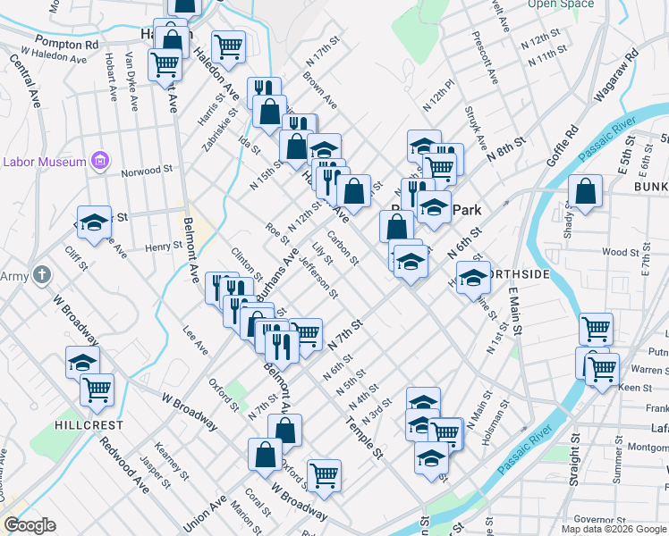 map of restaurants, bars, coffee shops, grocery stores, and more near 172 Carbon Street in Paterson