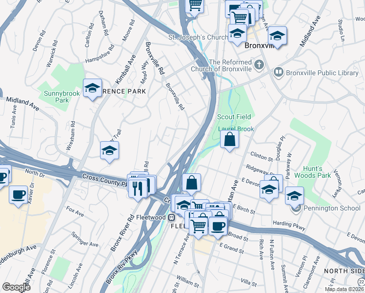 map of restaurants, bars, coffee shops, grocery stores, and more near 15 Bronxville Road in Yonkers