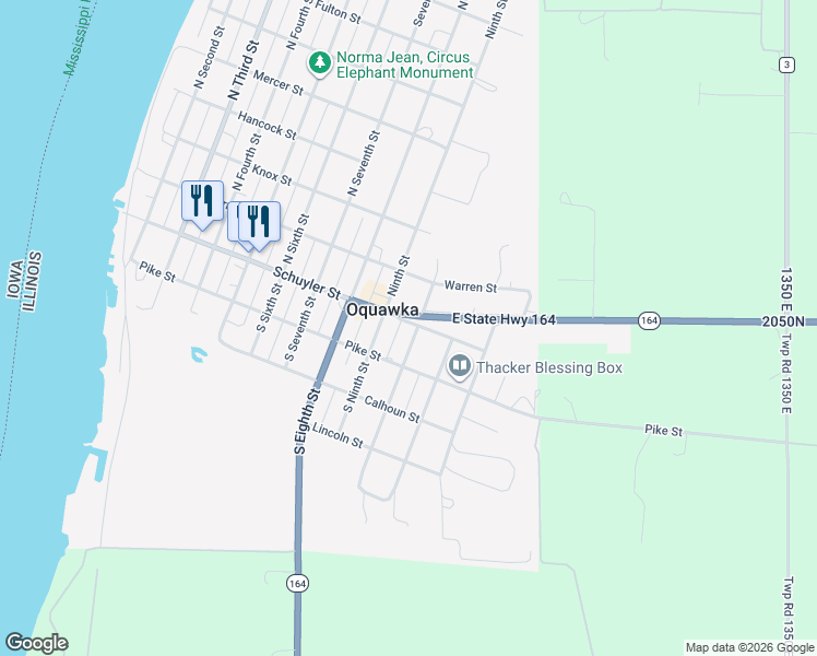 map of restaurants, bars, coffee shops, grocery stores, and more near 906 Schuyler Street in Oquawka