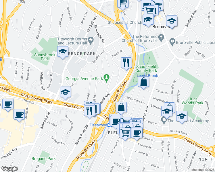 map of restaurants, bars, coffee shops, grocery stores, and more near 54 Louisiana Avenue in Bronxville