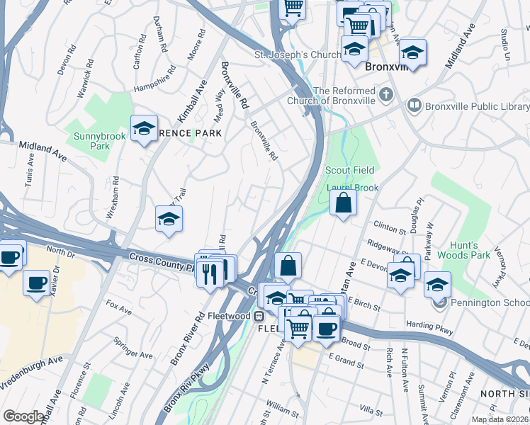 map of restaurants, bars, coffee shops, grocery stores, and more near 15 Bronxville Road in Yonkers