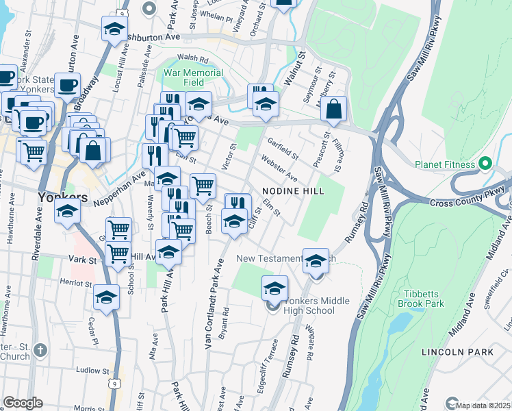 map of restaurants, bars, coffee shops, grocery stores, and more near 11 Cliff Street in Yonkers