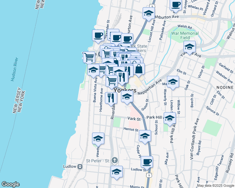 map of restaurants, bars, coffee shops, grocery stores, and more near 50 Riverdale Avenue in Yonkers