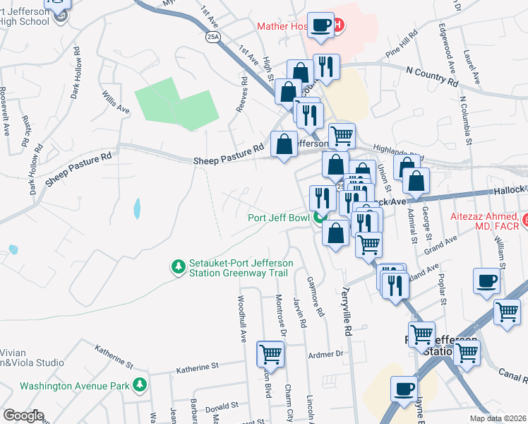 map of restaurants, bars, coffee shops, grocery stores, and more near 2246 Piedmont Drive in Port Jefferson Station