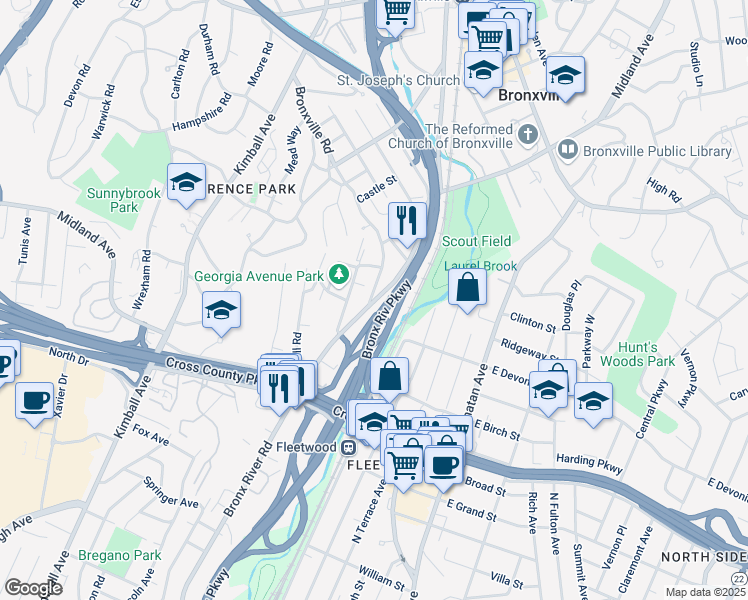 map of restaurants, bars, coffee shops, grocery stores, and more near 15 Bronxville Road in Yonkers