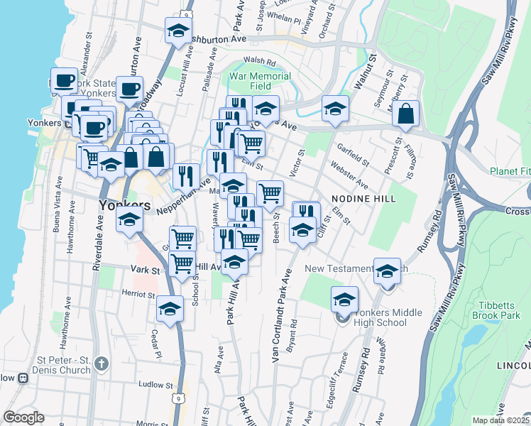 map of restaurants, bars, coffee shops, grocery stores, and more near 75 Maple Street in Yonkers