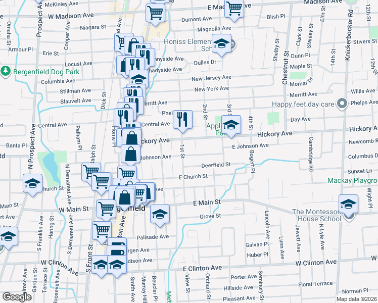 map of restaurants, bars, coffee shops, grocery stores, and more near 110 Hickory Avenue in Bergenfield