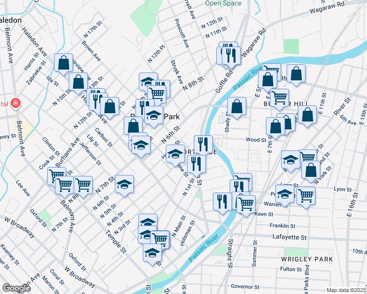 map of restaurants, bars, coffee shops, grocery stores, and more near 281 North 4th Street in Paterson