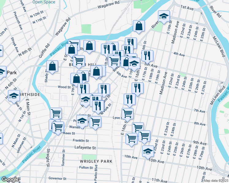 map of restaurants, bars, coffee shops, grocery stores, and more near 41 Highland Street in Paterson