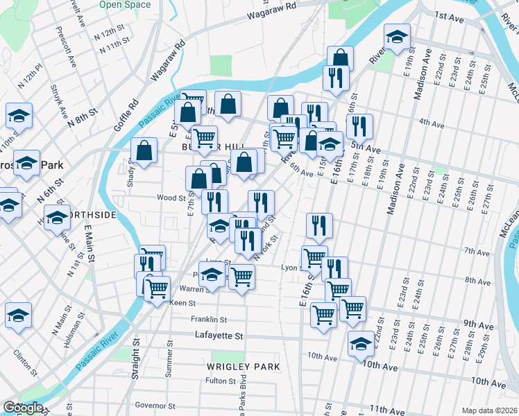 map of restaurants, bars, coffee shops, grocery stores, and more near 519 River Street in Paterson