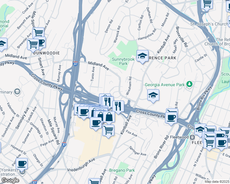 map of restaurants, bars, coffee shops, grocery stores, and more near 91 Lawrence Park Crescent in Yonkers