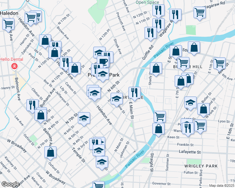 map of restaurants, bars, coffee shops, grocery stores, and more near 64 Hopper Street in Paterson