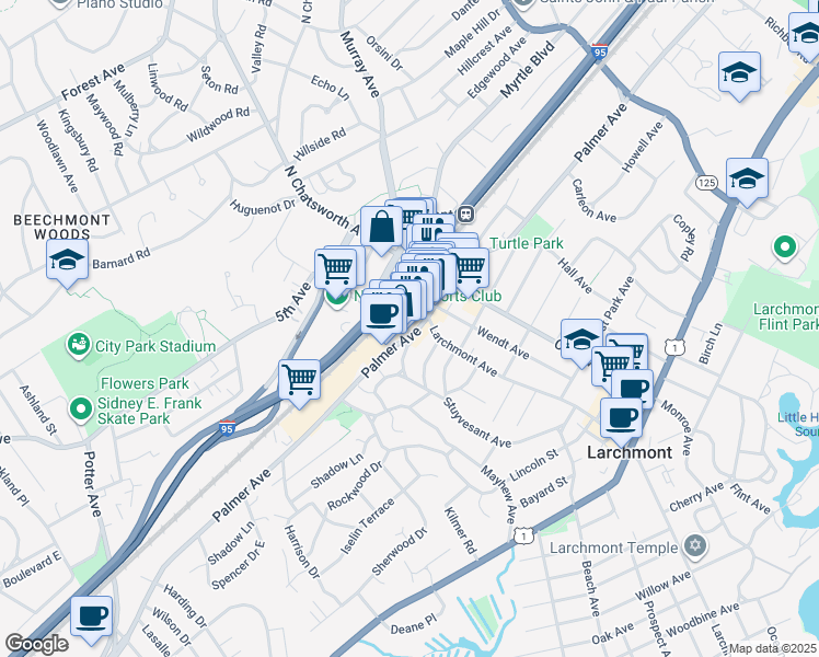 map of restaurants, bars, coffee shops, grocery stores, and more near 1 West Avenue in Larchmont