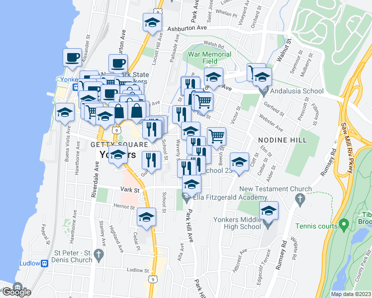 map of restaurants, bars, coffee shops, grocery stores, and more near 125 Linden Street in Yonkers