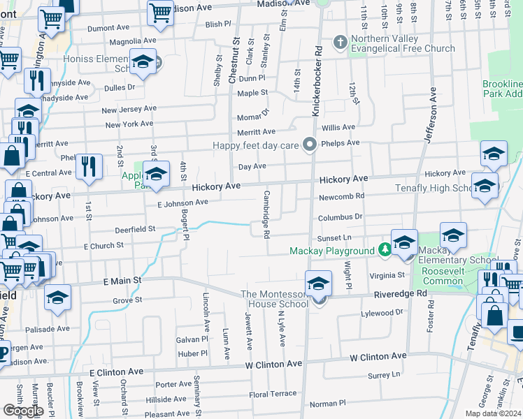 map of restaurants, bars, coffee shops, grocery stores, and more near 13 Cambridge Road in Tenafly