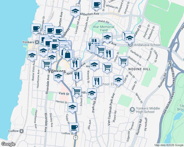map of restaurants, bars, coffee shops, grocery stores, and more near 125 Linden Street in Yonkers