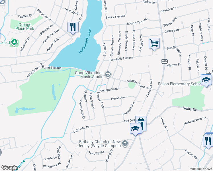 map of restaurants, bars, coffee shops, grocery stores, and more near 5 Seneca Trail in Wayne